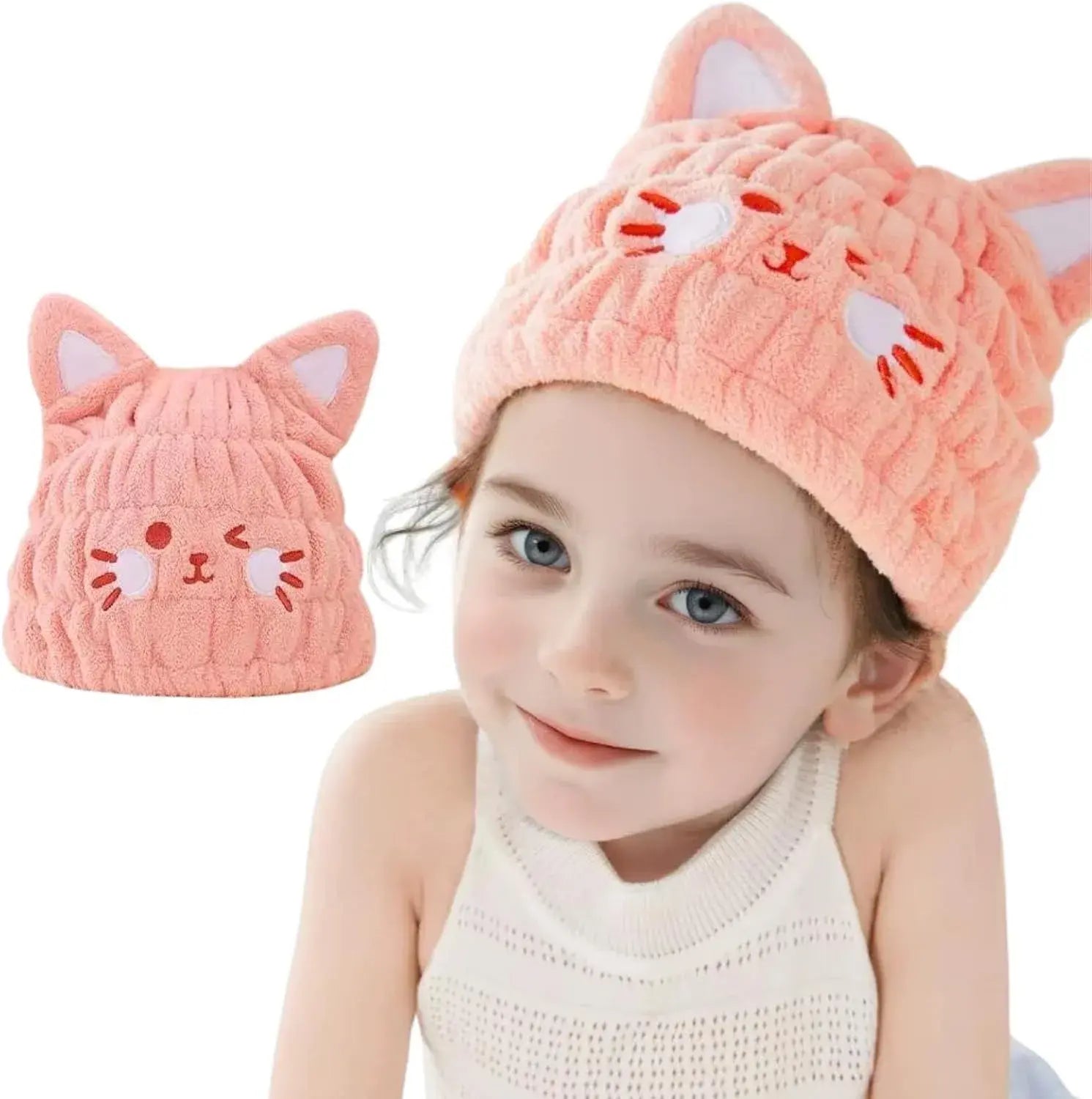 Microfiber Hair Towel Wrap for Kids, Pink Cat Dry Hair Cap Suck Water Towel.