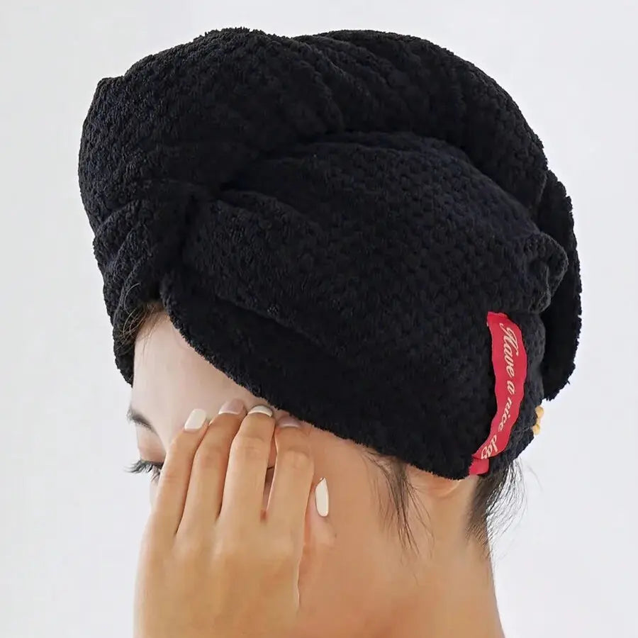 Black Microfiber Hair Drying Turban Cap for Women - Soft Absorbent Towel.
