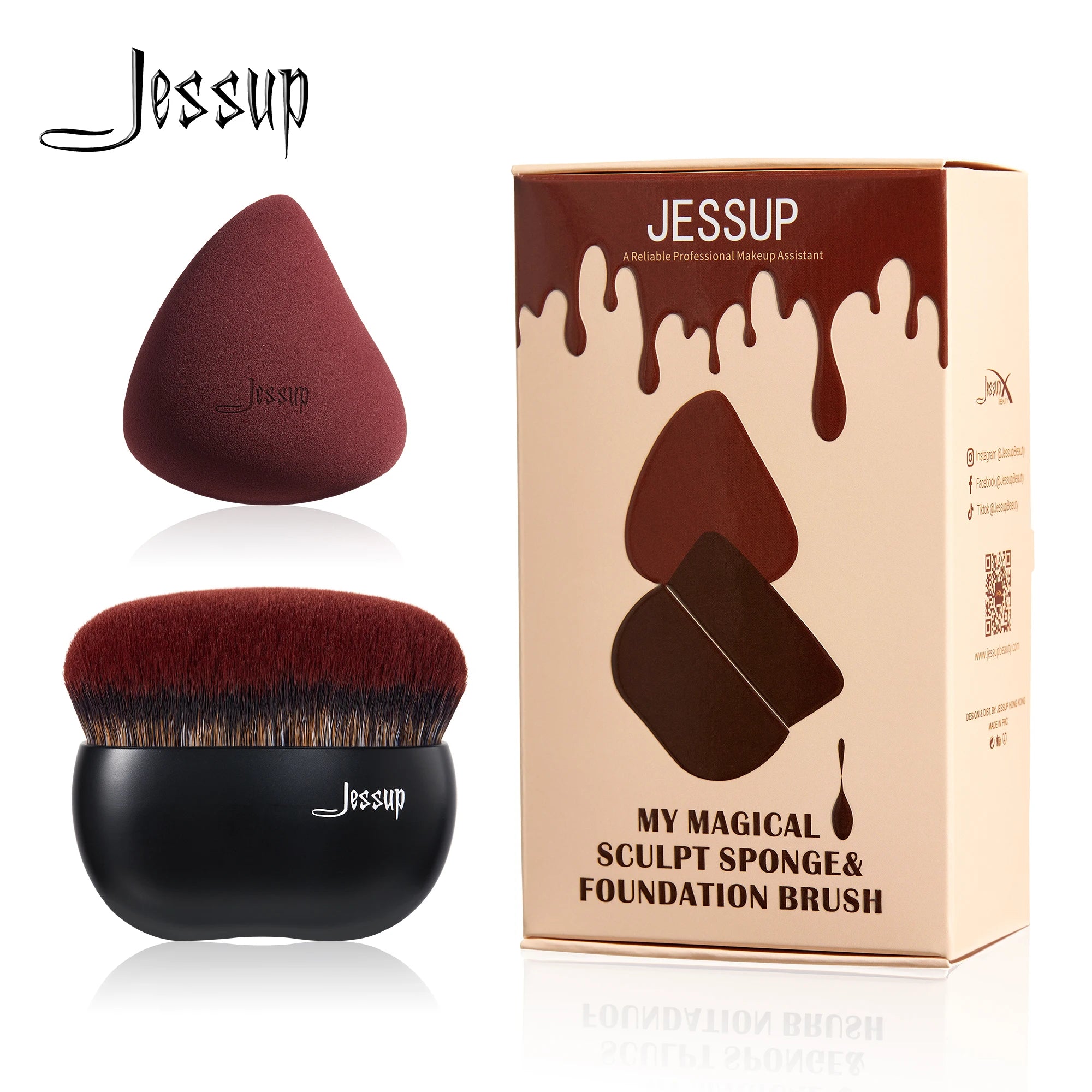 Jessup Foundation Brush with Makeup Sponge, Black Makeup Brush Flat
