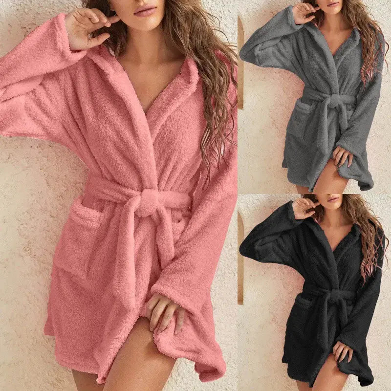 Autumn Winter Women Sexy Bath Robe Fluffy Plush Pyjamas Ladies Hooded.