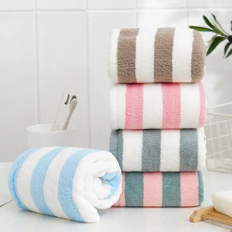 Microfiber Coral Fleece Striped Hair Towel Cap for Women Quick-Dry Hair Wrap.