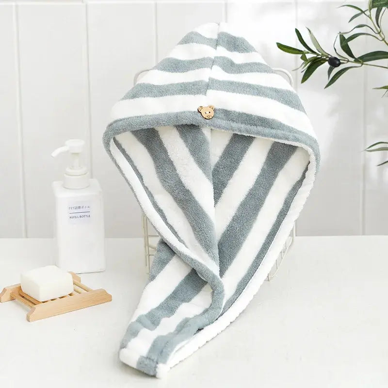 Microfiber Coral Fleece Striped Hair Towel Cap for Women Quick-Dry Hair Wrap.